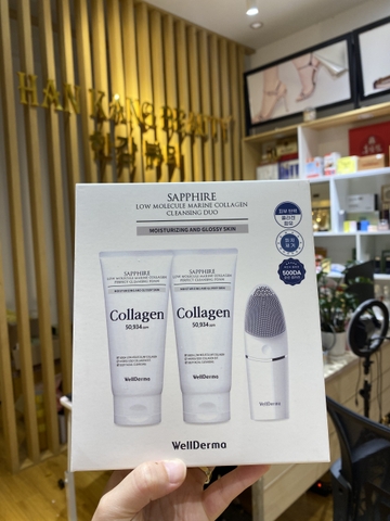 Bộ sữa rửa mặt + máy rửa mặt WellDerma Sapphire Low Molecule Marine Collagen Cleansing Duo chiết xuất collagen