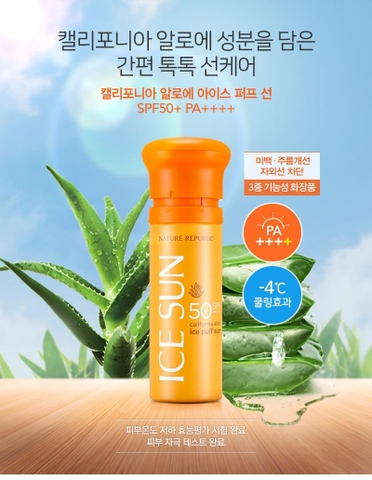 Kem chống nắng giải nhiệt, điều chỉnh tone da Nature Republic California Aloe Ice Puff Sun SPF50+ PA++++