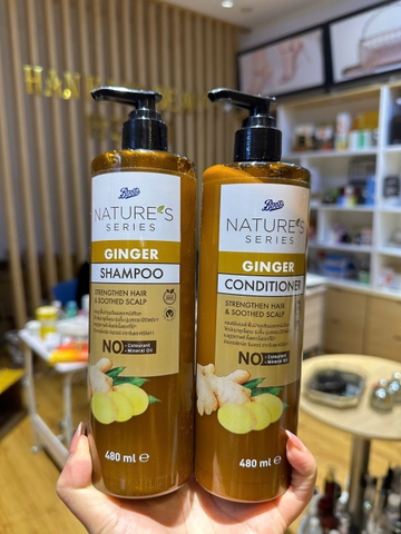 Set Dầu Gội, Xả Gừng hữu cơ giúp mọc tóc Boots Nature's Series Ginger Shampoo and Conditioner Thái Lan 480ml*2