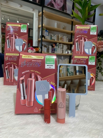 Set Son Dưỡng Có Màu 3CE Glazy Lip Glow 3,2g màu 34 Rose Glaze - Hồng Khô (tặng kèm son mini 03 daffodil+gương)