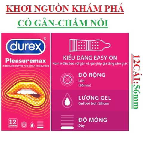 Bao cao su có gai-gân Durex Pleasuremax ribbed and dotted for extra stimulation hộp 12S