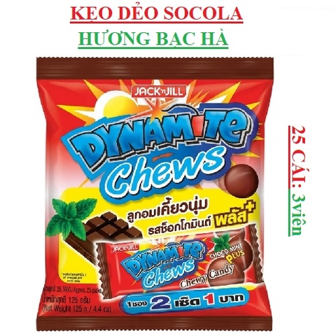 Kẹo dẻo 3 viênsocola hương bạc hà Dynamite chew gói 25P