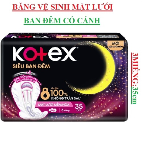 Băng vệ sinh siêu ban đêm mặt lưới mềm hóa có cánh kotex 3 miếng 35cm