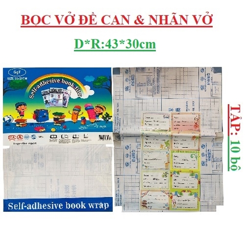 Bọc vở đề can kèm nhãn vở túi 10 bộ (43*30)cm GgT