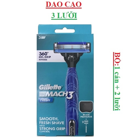 Dao cạo râu 3 lưỡi 360 độ gel grip handle  gillette bộ (1 cán + 2 lưỡi)