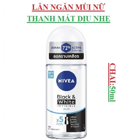 Lăn ngăn mùi nữ thanh mát dịu nhẹ Nivea Black & white invisible pure chai 50ml