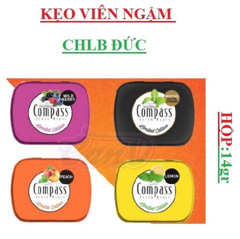 Kẹo ngậm bạc hà Compass  menthol extral strong, Compass peach, Compass lemon, compass wild berry hộp 14gr