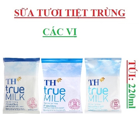 Sữa tươi tiệt trùng TH true milk túi 220ml ,có đường, không đường, ít đường