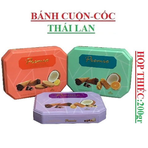 Bánh cuộn, cốc hỗn hợp dừa, socola, lạc, phomai, chanh, cam, kiwi  Premio hộp thiếc 200gr