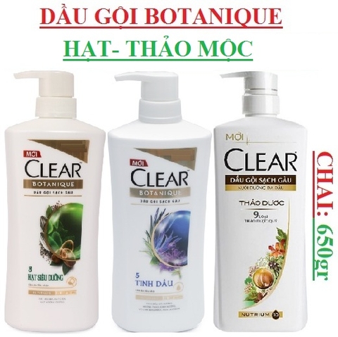 Dầu gội trị gầu clear chai 650gr, botanique tinh dầu, siêu hạt; thảo dược