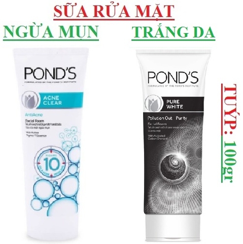 Sữa rửa mặt  trắng da tinh khiết Pond's pure white; ngăn ngừa mụn acne clear tuýp 100g