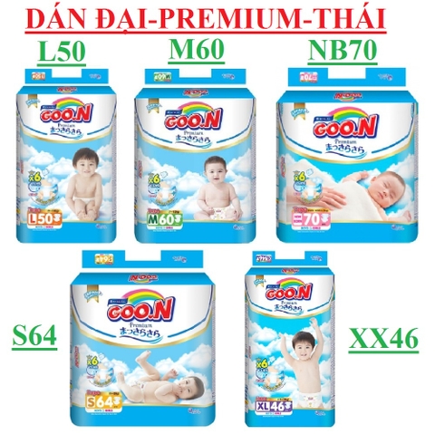 Bỉm dán goon premium Thái lan bịch đại NB70,S64,M60,L50,XL46