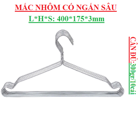 Mắc nhôm treo quần áo có ngấn sâu lố 300gr 10 cái L*H*S(400*175*3)mm