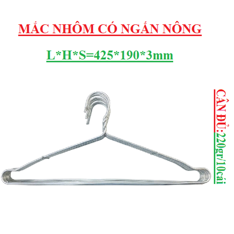 Mắc nhôm treo quần áo có ngấn nông 220gr lố10 cái L*H*S(425*190*3)mm