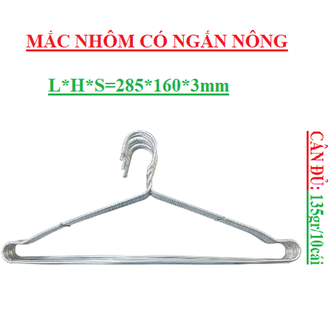 Mắc nhôm treo quần áo ngấn nông 135gr lố10 cái L*H*S (285*165*3)mm