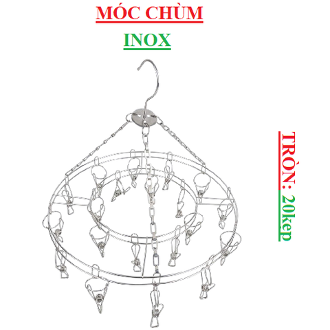 Mắc dù chùm inox tròn treo quần áo 20 kẹp
