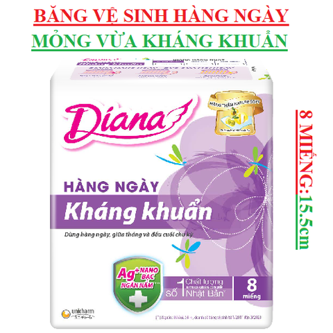 Băng vệ sinh hàng ngày kháng khuẩn Diana mỏng vừa 8 miếng 15.5cm