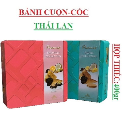 Bánh cuộn, cốc hỗn hợp dừa, socola, lạc, phomai, chanh, cam, kiwi  Premio hộp thiếc 400gr