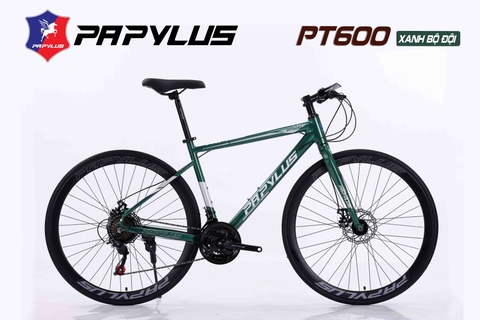 Xe đạp touring PAPYLUS PT600: Khung Nhôm nhẹ không mối hàn, cáp âm khung. Groupset TAICHANG/SUNRISE 3x7 tốc độ. Phanh đĩa