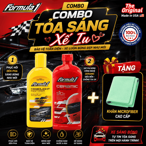 Combo Tỏa Sáng Xế Iu Formula 1: Phục Hồi Đèn Pha + Sáp Phủ Bóng Ceramic SiO2 + Tặng Khăn Microfiber