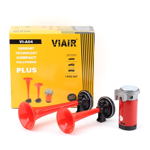 Kèn Sinh Hơi 2 Loa Đỏ 12V/24V Có Rờ Le (Kèm Mô Tơ Tạo Hơi A) VIAIR VI-A04 Còi Hơi Xe Tải, Ô Tô