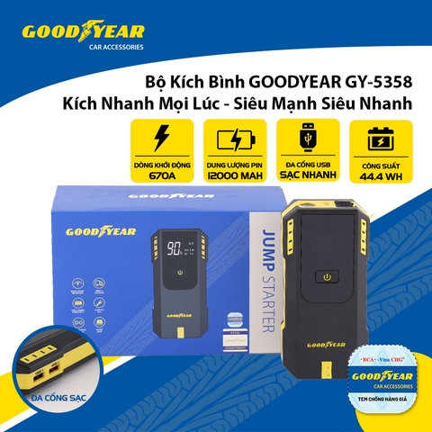 Bộ Kích Bình Cho Xe Hơi 670A GOODYEAR GY-5358 Đa Chức Năng Sạc Dự Phòng 12000mAh Siêu Mạnh Siêu Nhanh - Nhập Khẩu Chính Hãng