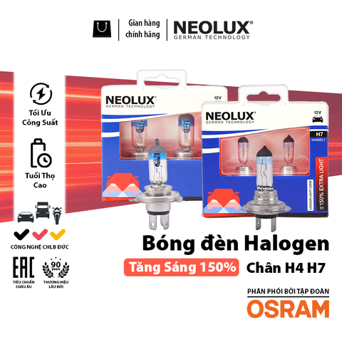 Combo 2 Bóng Đèn Halogen Tăng Sáng 150% OSRAM NEOLUX Dùng Cho Xe Ô Tô Xe Máy Chân H4 H7 - Nhập Khẩu Chính Hãng