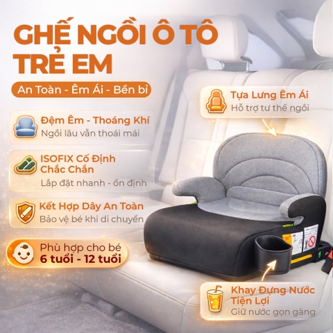 Ghế Nâng Ô Tô Trẻ Em ET-002A Booster Seat 125–150cm Màu Đen Tựa Lưng Có ISOFIX i-Size Có Khay Đựng Cốc Tiện Lợi  – Nhập Khẩu Chính Hãng