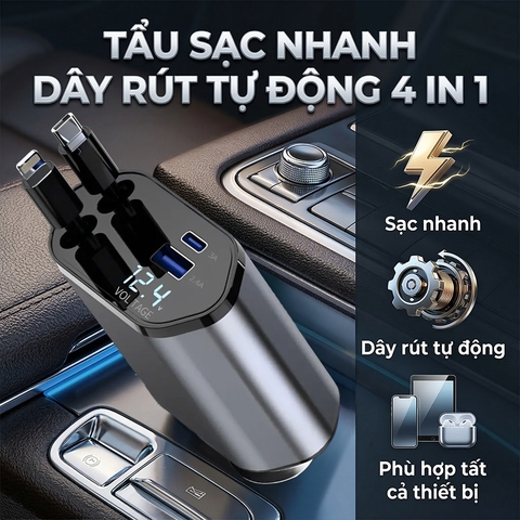 Tẩu Sạc Nhanh C1 Dây Rút Tự Động 4 in 1 USB Type-C Và Lightning Đa Năng Vỏ Hợp Kim Cao Cấp - Nhập Khẩu Chính Hãng