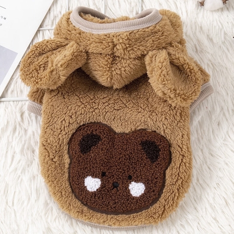 Áo lông cừu có mũ đính mặt gấu cho chó