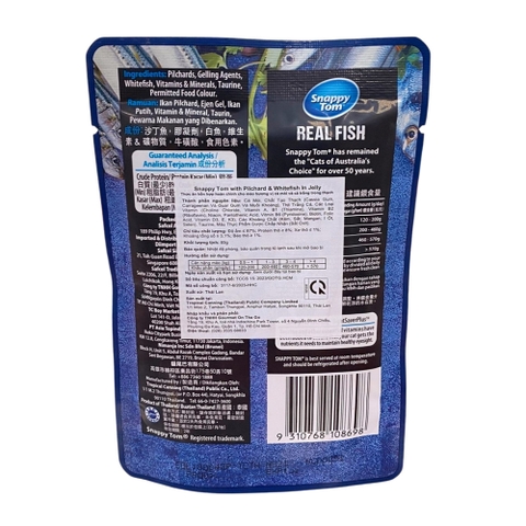 Pate gói 85g Snappy Tom pilchard and white fish in jelly vị cá mòi và cá trắng cho mèo https://petshopvinh.vn/;