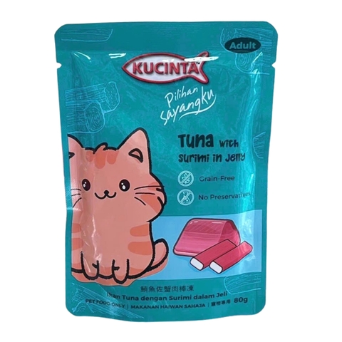 Thức ăn ướt pate Kucinta Tuna with Surimi in jelly cá ngừ thanh cua gói 80g