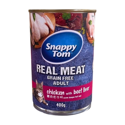 Pate lon 400g Snappy Tom Real Fish chicken with beef liver gà và gan bò cho mèo https://petshopvinh.vn/