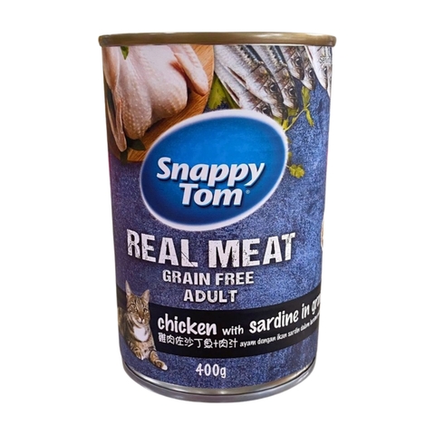 Pate lon 400g Snappy Tom Real Fish chicken with sardine in gravy gà và cá trích trong sốt cho mèo https://petshopvinh.vn/