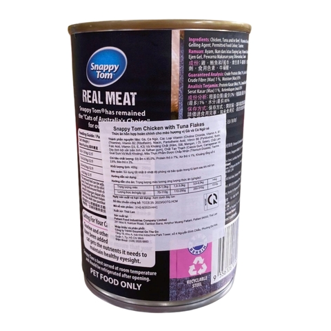 Pate lon 400g Snappy Tom Real Fish chicken with tuna flakes gà và cá ngừ xé cho mèo https://petshopvinh.vn/