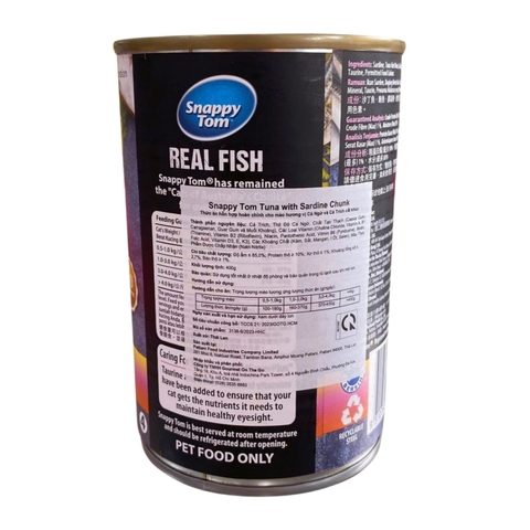 Pate lon 400g Snappy Tom Real Fish tuna with sardine chunk cá ngừ và cá trích cắt khúc cho mèo https://petshopvinh.vn/