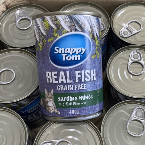 Pate lon 400g Snappy Tom Real Fish Sardine Mince cá trích cắt miếng cho mèo