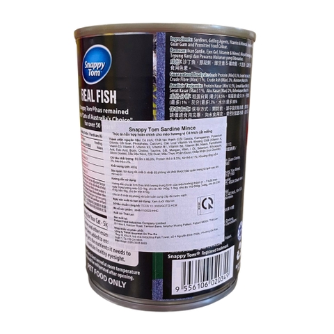 Pate lon 400g Snappy Tom Real Fish Sardine Mince cá trích cắt miếng cho mèo