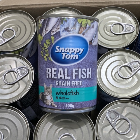 Pate lon 400g Snappy Tom Real Fish wholefish cá trích nguyên con cho mèo