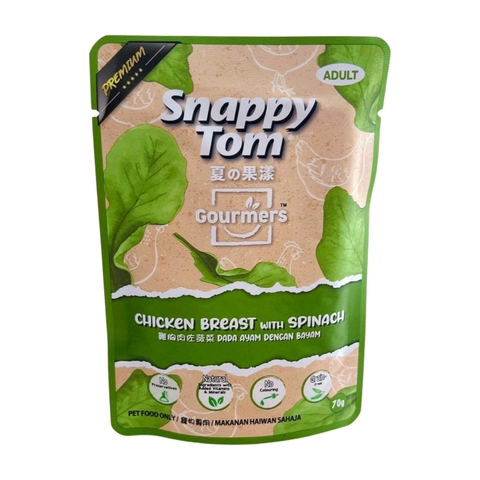 Pate Snappy Tom Gourmers gói 70g Chicken with Spinach vị gà và rau chân vịt cho mèo