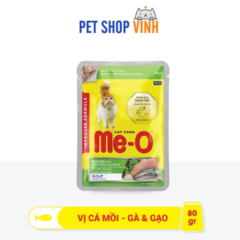 Thức ăn ướt Me-O vị cá mòi và gà, gạo dành cho mèo trưởng thành, Me-O Wet Food Sardine with Chicken Rice Adult 80g
