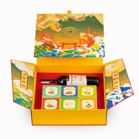 Hộp quà Nuts Gift - Lý Ngư Hóa Long 6 Vị Hạt dinh dưỡng và rượu vang BIN 585