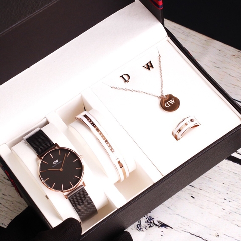 Set Đồng Hồ Nữ DW Daniel Wellington Classic Petite Ashfield Black - Vỏ vàng hồng