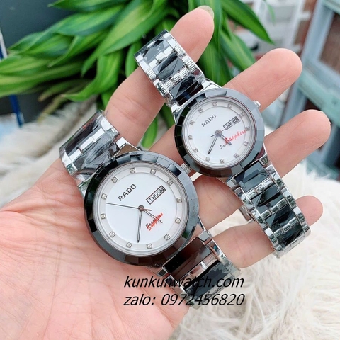 Đồng Hồ Cặp Đôi Nam Nữ Rado Đính Đá 12 Mốc Giờ, 2 Lịch Dây Đá Ceramic Đen Silver 40mm - 32mm