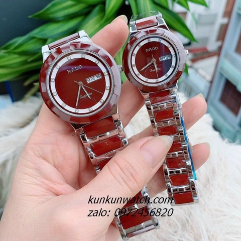 Đồng Hồ Cặp Đôi Nam Nữ Rado Đính Đá 12 Mốc Giờ, 2 Lịch Dây Đá Đỏ Silver 40mm - 32mm