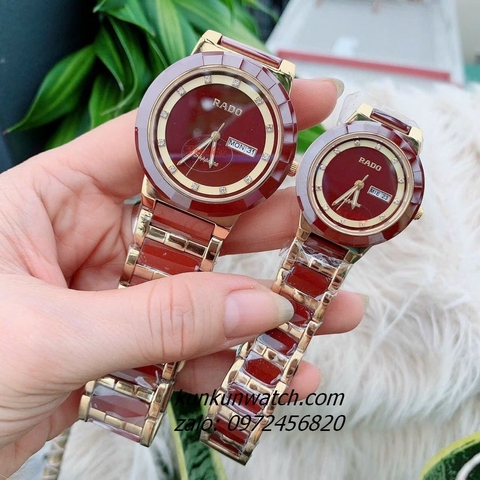 Đồng Hồ Cặp Đôi Nam Nữ Rado Đính Đá 12 Mốc Giờ, 2 Lịch Dây Đá Đỏ Gold 40mm - 32mm