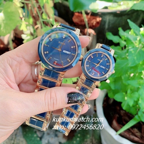 Đồng Hồ Cặp Đôi Nam Nữ Rado Đính Đá 6 Mốc Giờ, 2 Lịch Dây Đá Ceramic Xanh Gold 40mm - 32mm