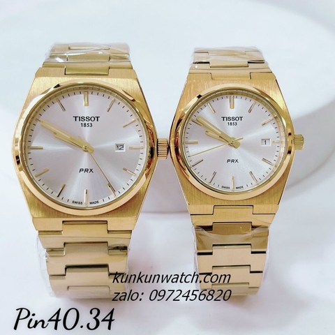 Đồng Hồ Cặp Đôi Tissot 1853 PRX Gold Mặt Trắng Lịch Ngày 40mm - 34mm