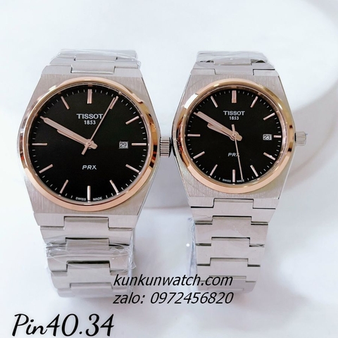 Đồng Hồ Cặp Đôi Tissot 1853 PRX Silver Mặt Đen Viền Rose Gold Lịch Ngày 40mm - 34mm