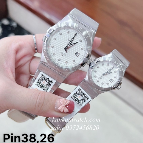 Đồng Hồ Cặp Đôi Omega Niềng Số La Mã Bạc Mặt Trắng ( 26mm - 38mm )